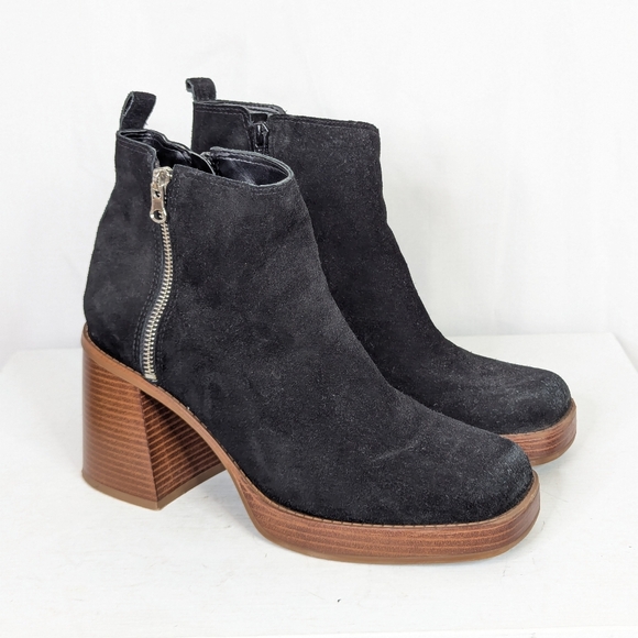 Copper Key Chunky Platform Leather Suede Black Heeled Ankle Boots - Picture 1 of 8